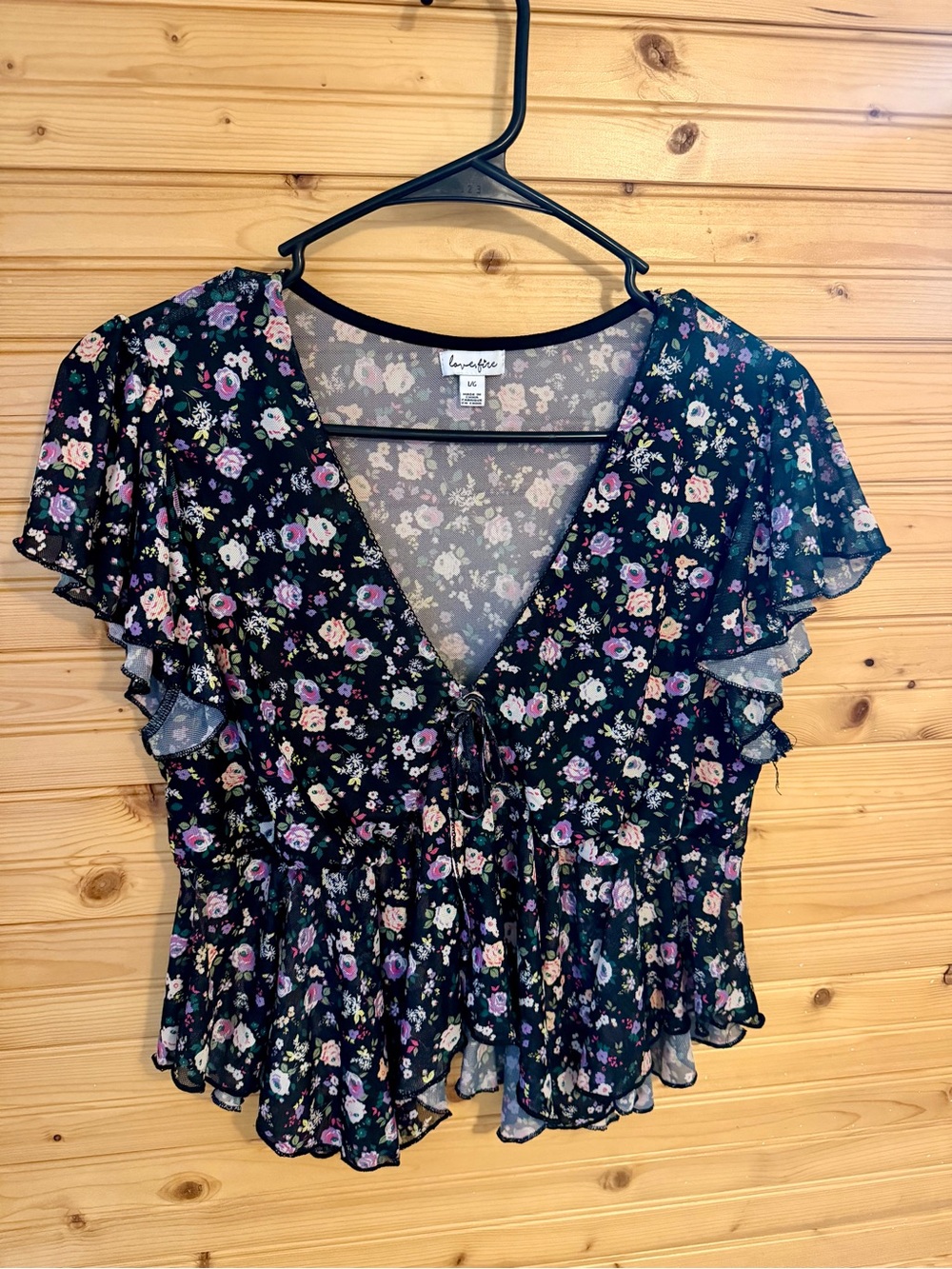 love, Fire Black Floral V-Neck Ruffle Peplum Blouse
